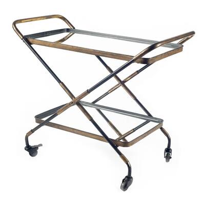 Rectangular Black And Gold Metal With Mirror Glass Shelves Bar Cart - 19.0L x 37.0W x 29.9H