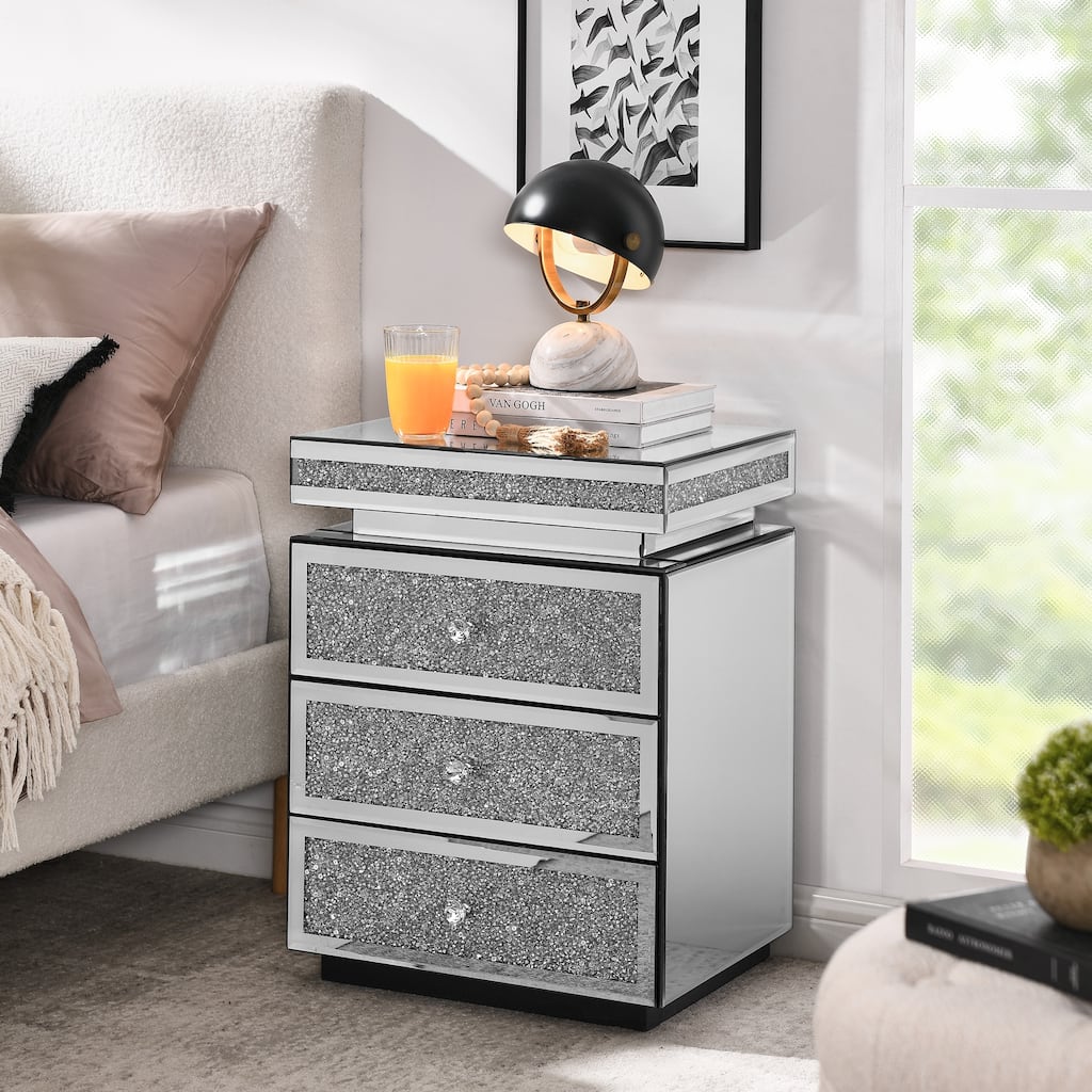 Mirrored Nightstand With 3 Drawers, Nightstand With Crystal Inlay, Mirror End Table