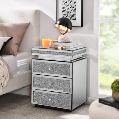 Mirrored Nightstand with 3 Drawers, Silver Nightstand with Crystal Inlay, Mirror End Table, Modern Bedside Table, Glass Table
