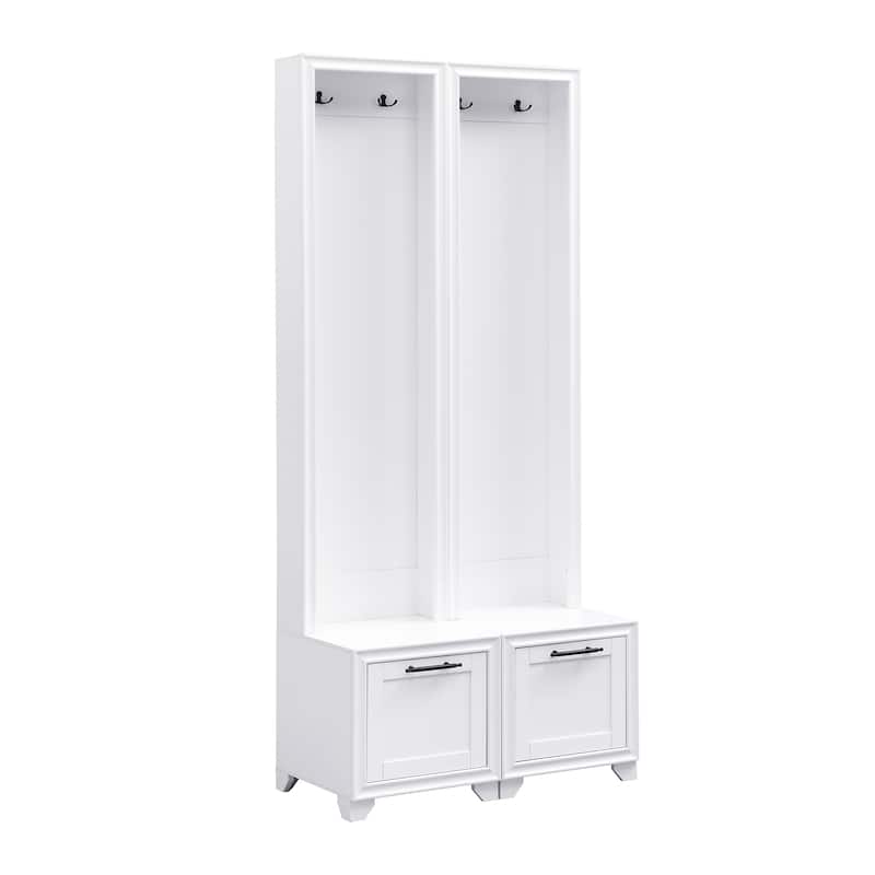 Roomfitters Elegant Hall Tree Set of 2, 3-in-1 Free Standing Entryway Coat Rack with Seating Bench and Hidden Storage