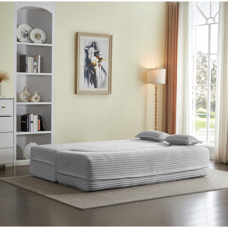 Full Size Floor Sleeper Sofa - 15" Folding Mattress, No Assembly Corduroy Sofa Bed with 2 Pillows