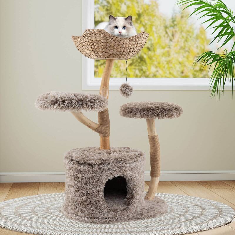 Costway Solid Wood Cat Tree with Well-woven Cattail Basket Luxury - as pic shows - See Details