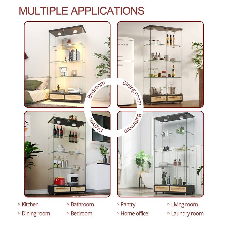 65.9" Modern Glass Display Cabinet with LED Lights, 2 Large Drawers & 4 Shelves, Lockable Storage Case