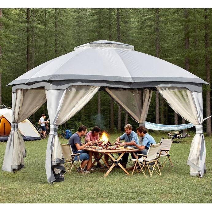 10x12 Outdoor Gazebo Canopy with Mesh Walls, Double-Tier Roof & Steel Frame for Patio, Backyard or Garden - Grey
