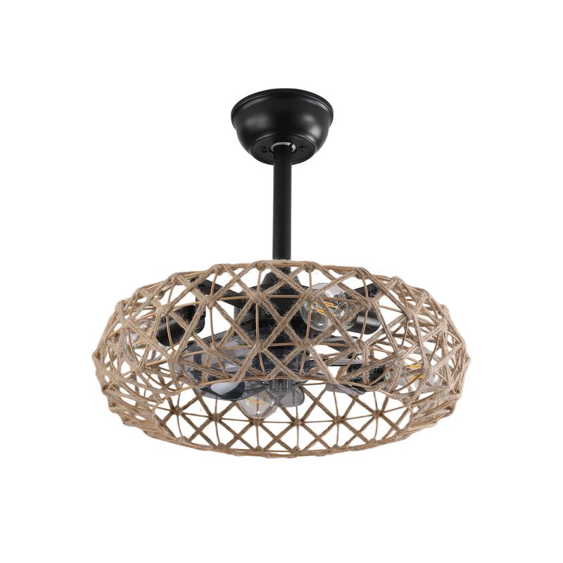 19" Hemp Rope Woven Ceiling Fan with 4 bulbs, Dimmable, 7 Blades, Reversible DC motor