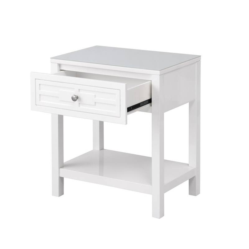 Dylan Wooden End Side Table Nightstand with Glass Top and Drawer