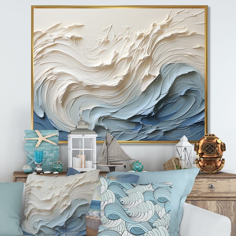 Designart "White And Blue Wave Papercut Style " Coastal Waves Framed Wall Decor - 32 in. wide x 24 in. high - Gold