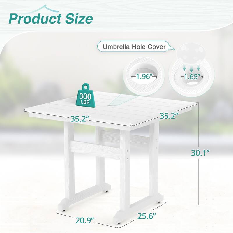 35.2-inch HDPS Outdoor Square Table With Umbrella Holes - 35.2" W x 35.2" L x 30.1" H