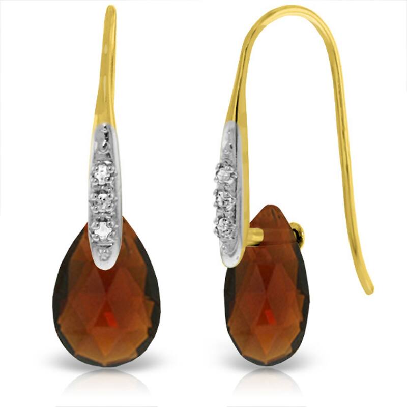 14K Solid Gold Fish Hook Earrings w/ Diamonds & Briolette Garnets - Yellow
