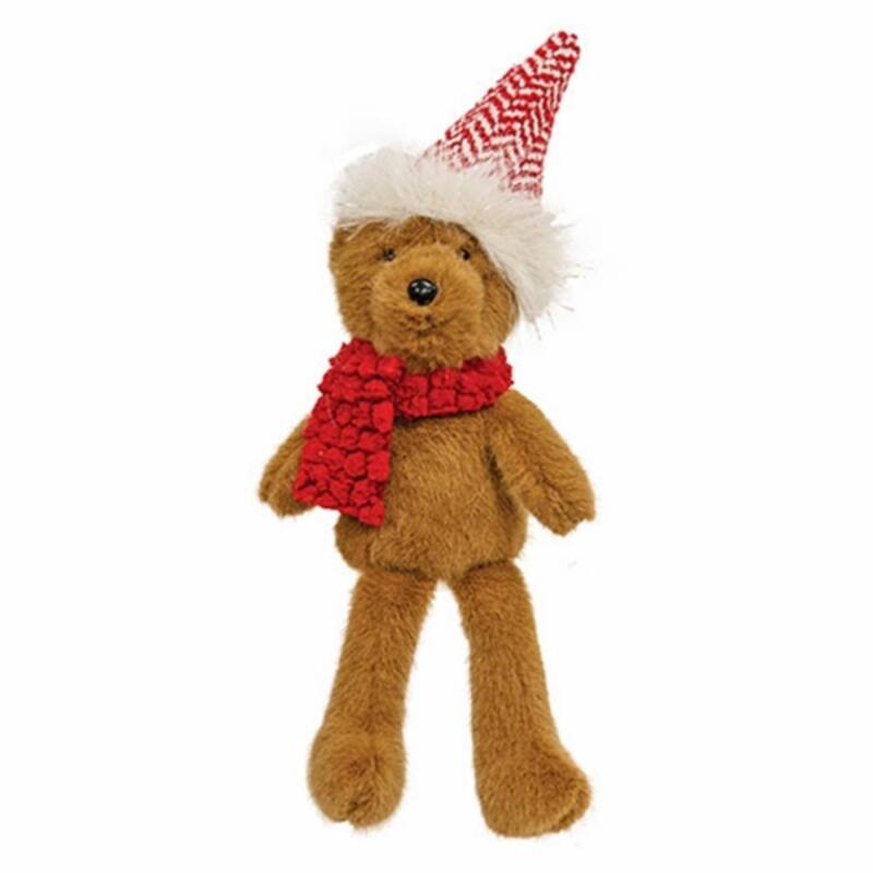 Brown Plush Teddy Bear Figurine with Red Chevron Santa Hat and Winter Scarf Christmas Decor - 12.5" H x 5" W x 4" D