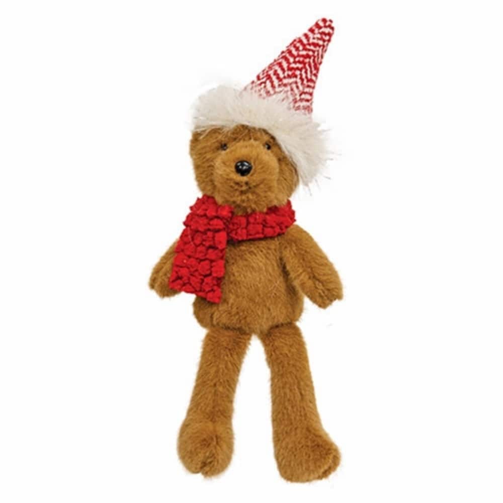 Brown Plush Teddy Bear Figurine with Red Chevron Santa Hat and Winter Scarf Christmas Decor - 12.5" H x 5" W x 4" D