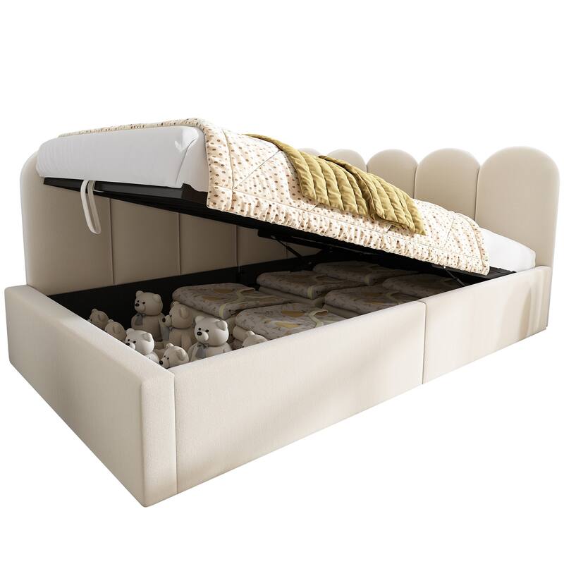 Velvet Upholstered Daybed with Hydraulic Storage, Twin Size Sofa Bed, Metal Slatted Frame, Beige