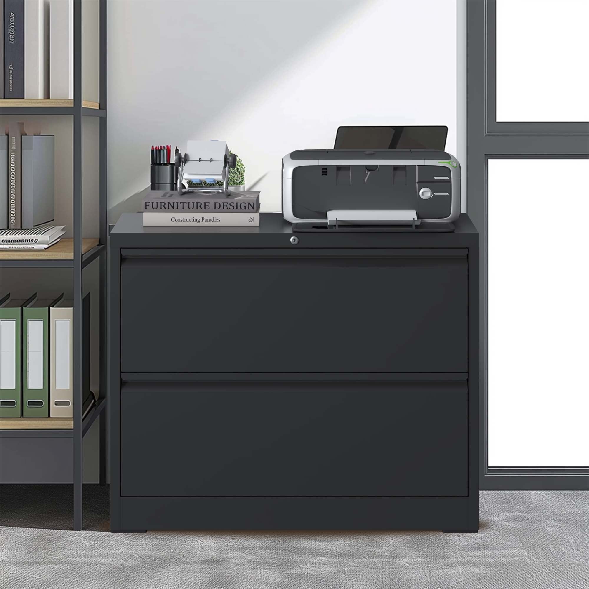 Lateral File Cabinet 2 Drawer, Black Filing Cabinet with Lock