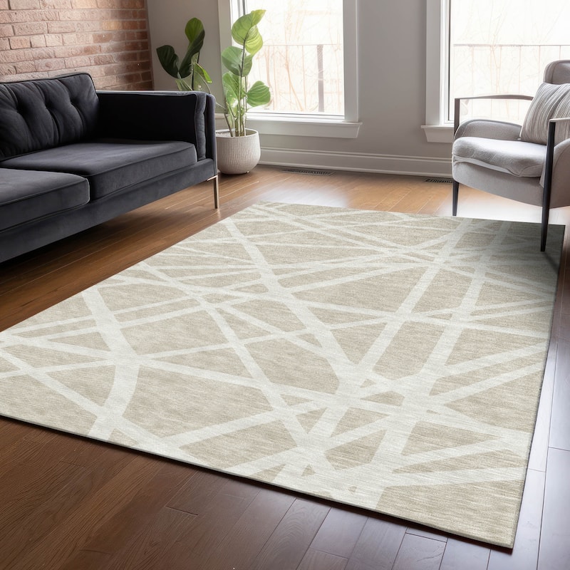 Machine Washable Indoor/ Outdoor Abstract Contemporary Chantille Rug - Beige - 10' x 14'