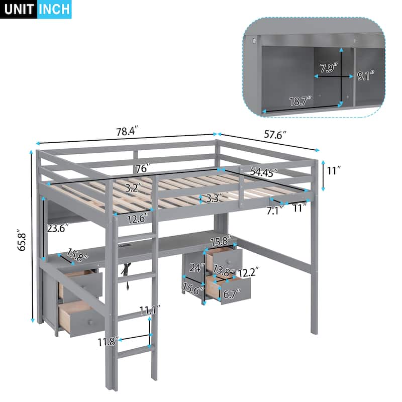 Full Size Loft Bed with Desk, Cabinets, Drawers and Bedside Tray, Charging Station, Gray - N/A