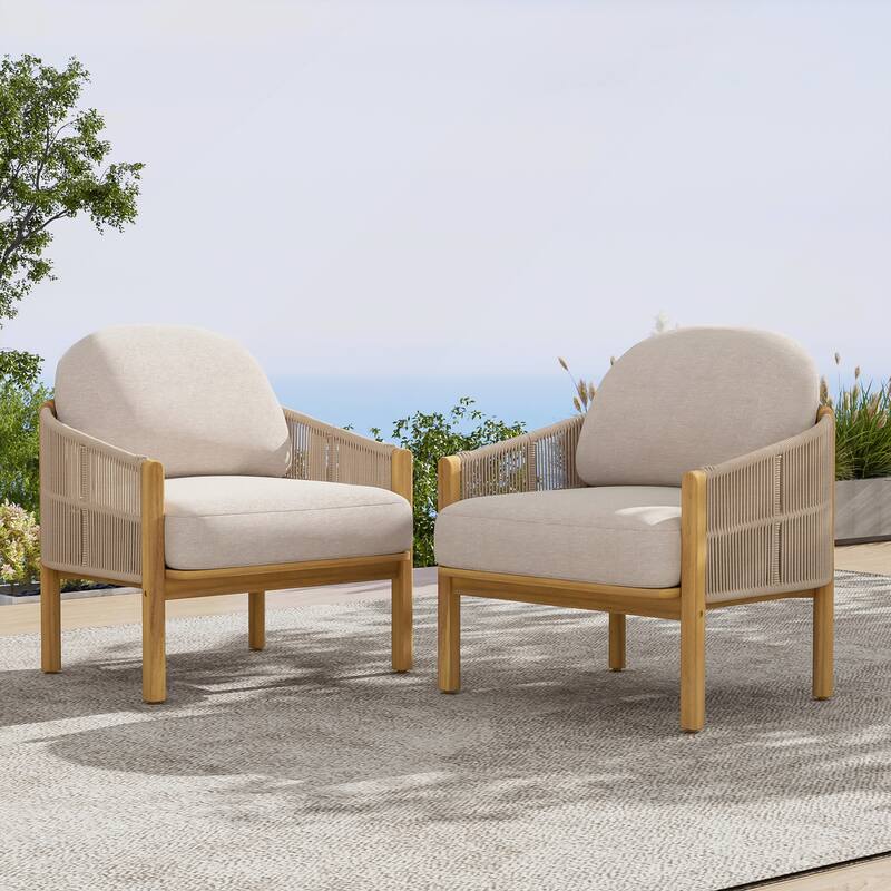 Outdoor Wood Club Chair with Beige Cushion Set of 2 - Teak and Beige