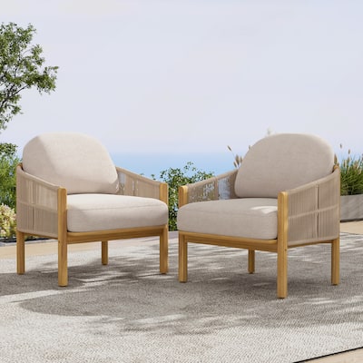 Outdoor Wood Club Chair with Beige Cushion Set of 2