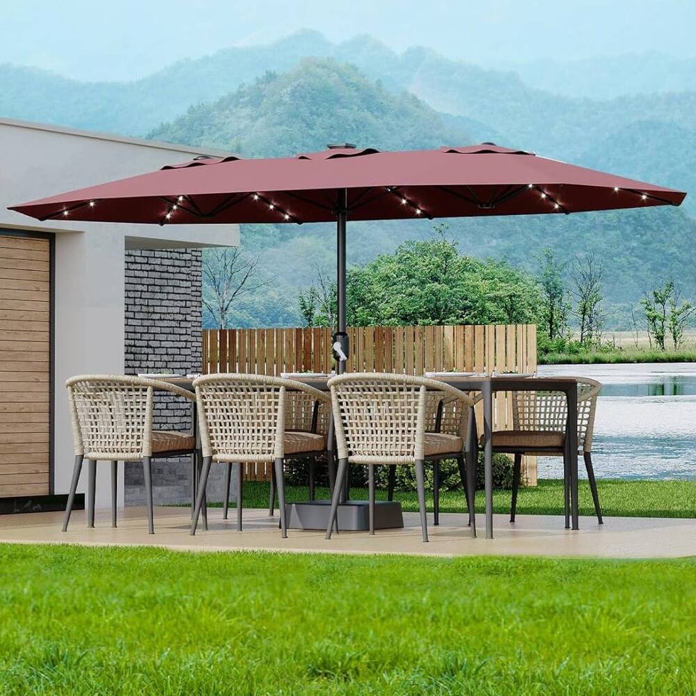 15FT Double-Sided Patio Umbrella with with LED and Base Included for Pool Lawn Garden