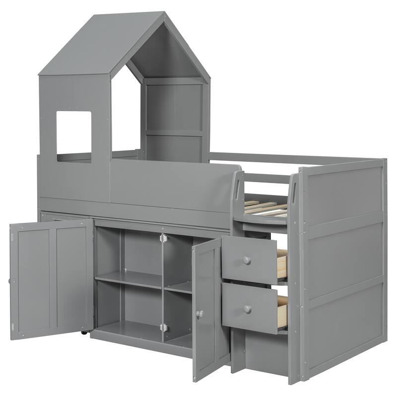 House-Style Kids Loft Bed Frame with Cabinets, Desk, Twin Size Wooden Loft Bed with Safety Guardrail & Storage Ladder