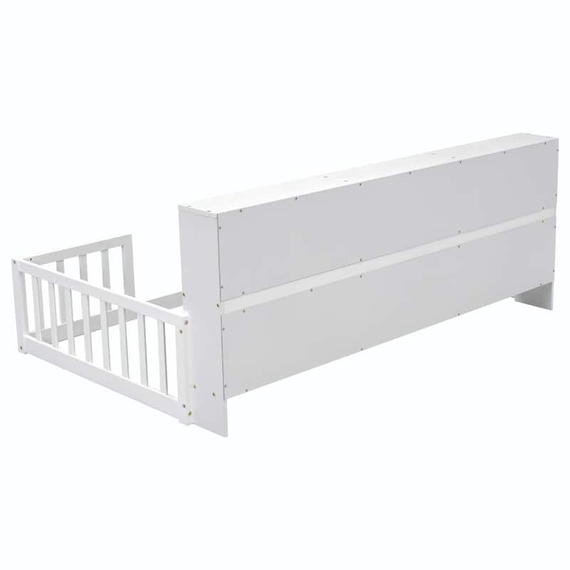 Floor Bed with Bedside Bookcase,Shelves,Guardrails