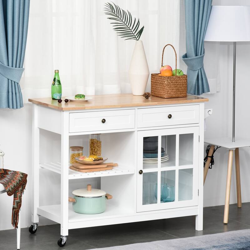 HOMCOM Kitchen Island Utility Storage Cart with Rubber Wood Top, Towel Rack, 2 Cabinets & Drawers for Dining Room - White