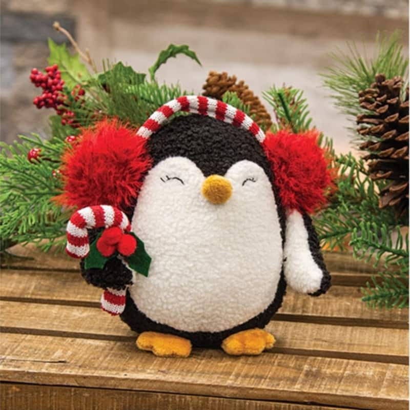 Plush Penguin with Candy Cane Christmas Holiday Decoration - 7” x 4.25” x 6.25”
