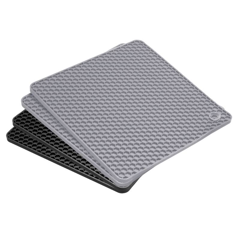 4pcs Silicone Trivet Mats for Pots Pans, Square Hot Pad Teapot Coaster - Light Grey+Black