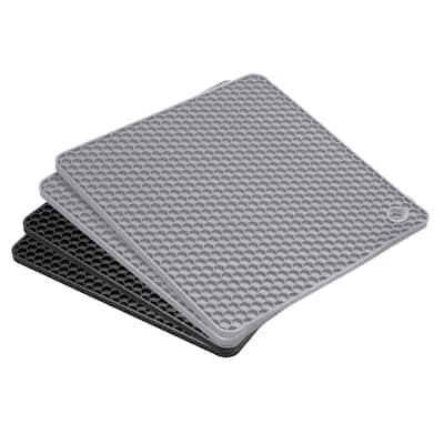4pcs Silicone Trivet Mats for Pots Pans, Square Hot Pad Teapot Coaster - Light Grey+Black