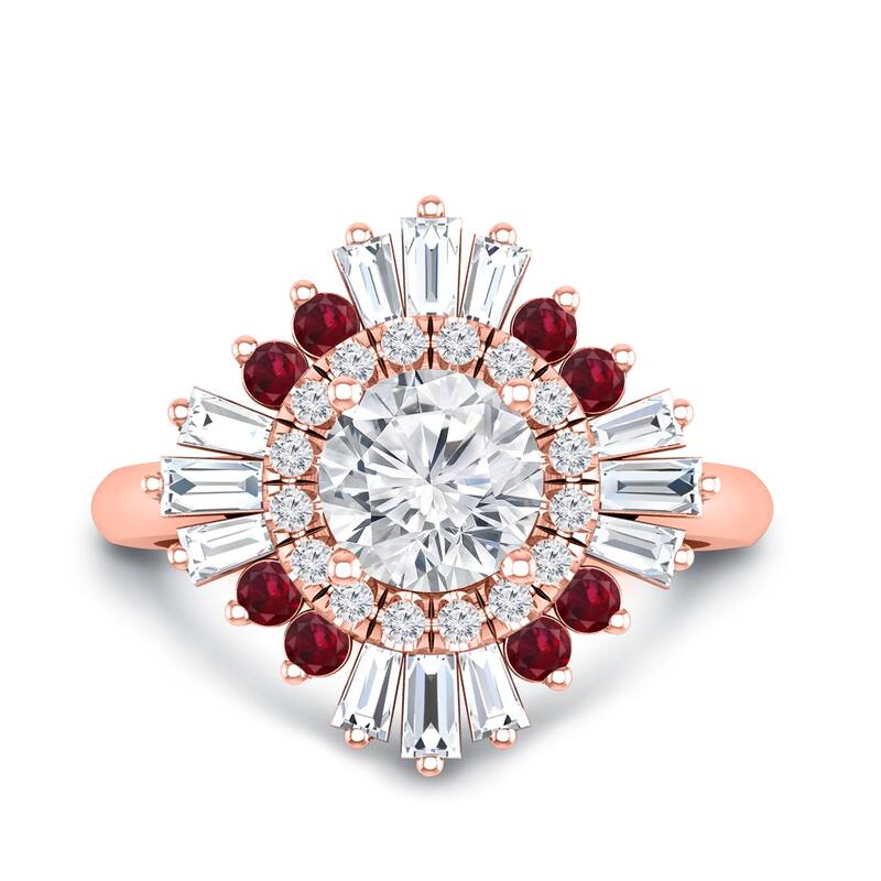 Auriya Vintage Ballerina 3/4ct Moissanite and Red Ruby & Halo Diamond Engagement Ring 14k Gold - 9 - Rose