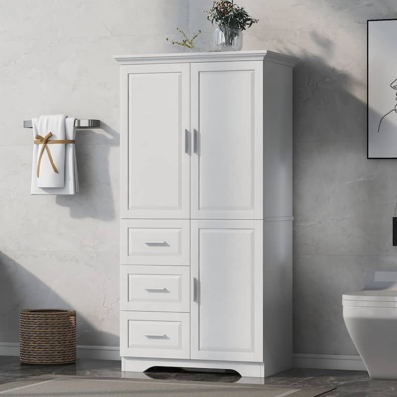 Tall Bathroom Storage Cabinet with Doors, Three Drawers - White
