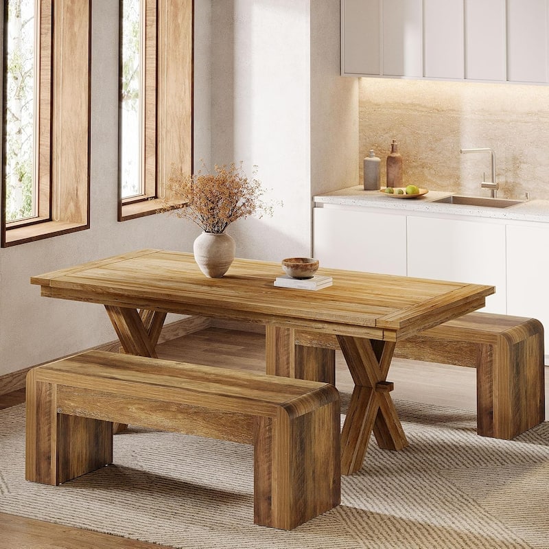 47 Inches Brown Engineered Wood Dining Bench, Farmhouse Kitchen Table Bench for Dining Room, Restaurant - Brown - 2 Pcs