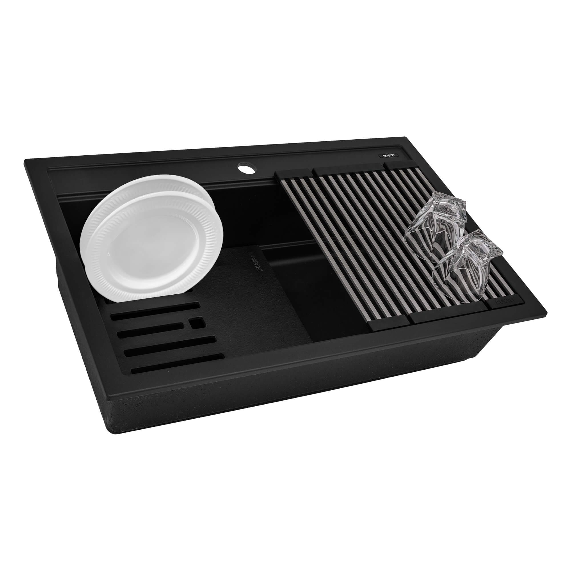 Ruvati 34-inch epiCube Granite Composite Quartz Workstation Matte Black Drop-in Topmount Kitchen Sink - RVG1634BK