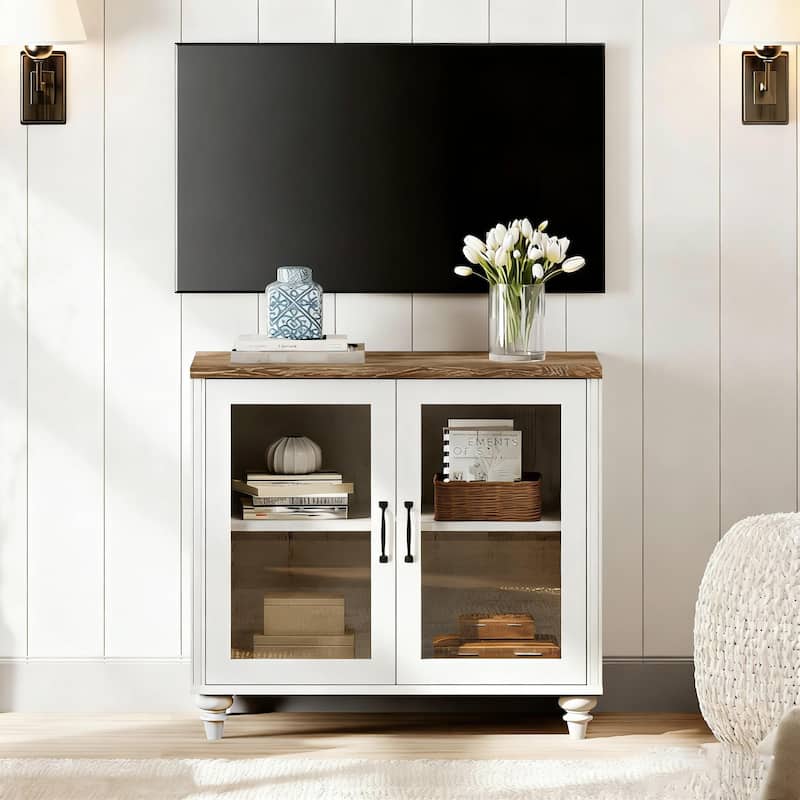 TV Stand with Glass Doors, TV Console Table TV Cabinet - 34 inch - White
