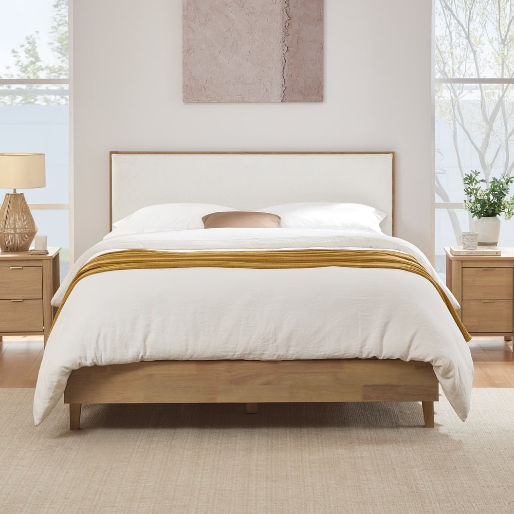 Spruce & Spring Modern Bouclé Platform Bed with Upholstered Headboard & Solid Wood Frame
