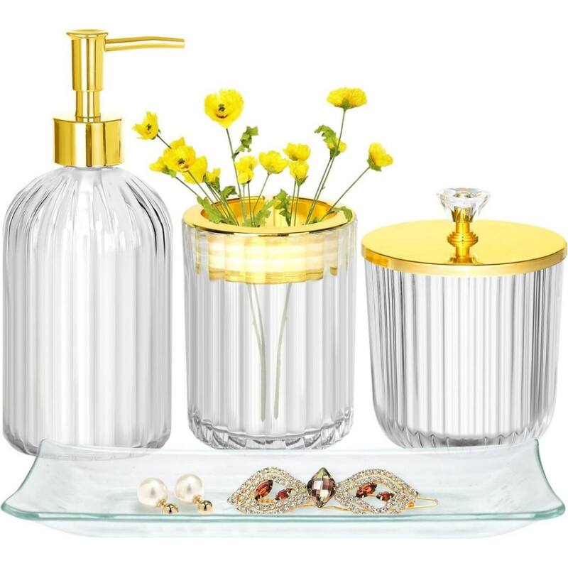 4-piece bathroom accessories set with soap dispenser, toothbrush holder, medicine bottle, tray - White
