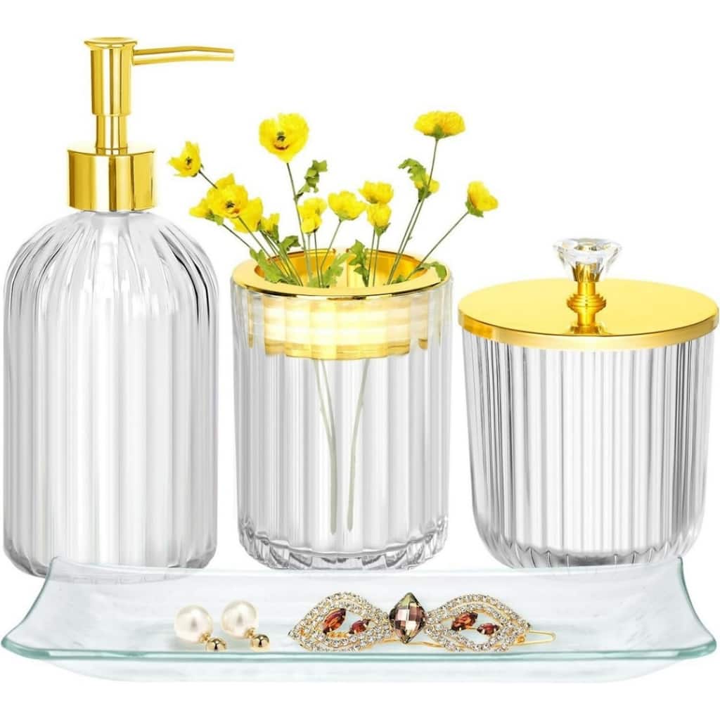 4-piece bathroom accessories set with soap dispenser, toothbrush holder, medicine bottle, tray