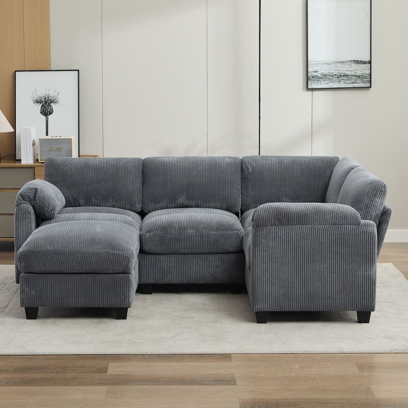 5-Seater Corduroy Sectional Sofa, Removable Ottoman, Modular Design