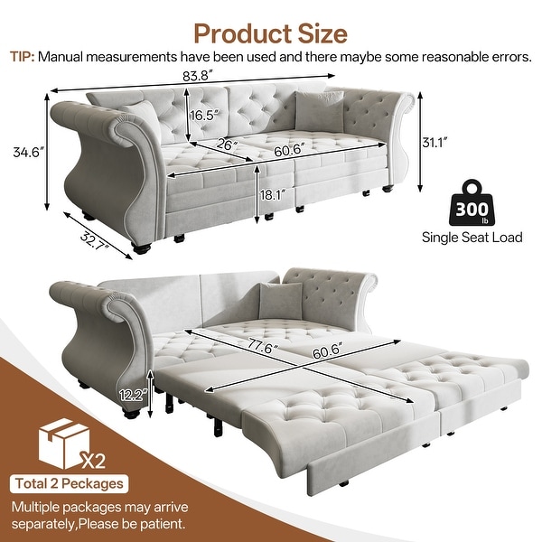 83.8 Inch Chesterfield Pull Out Sofa Bed, Velvet Roll Arm Couch