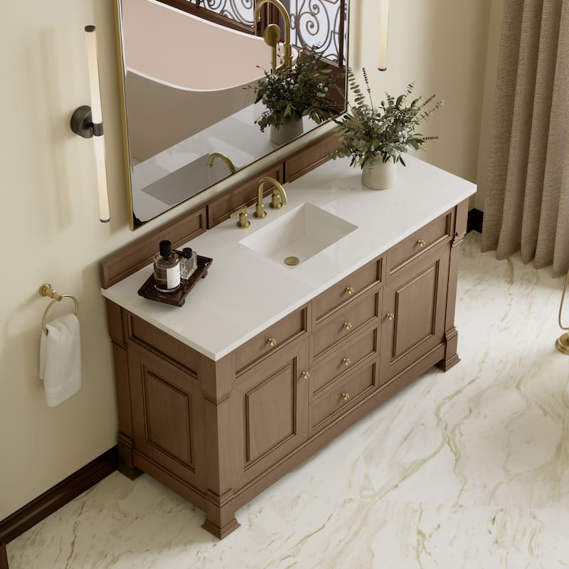 Brookfield 60S" Single Vanity, Pecan - White Zeus - 8" WS