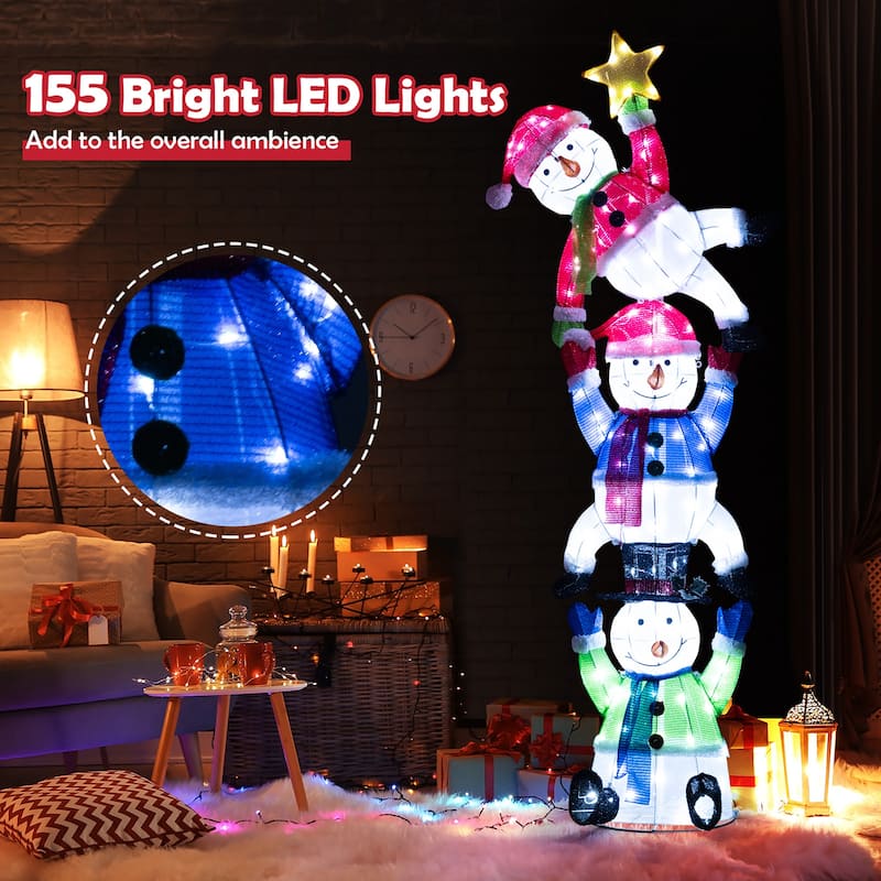 Gymax 6 ft 3D Pre-Lit Christmas Stacked Snowman w/ 155 LED Lights Zip - Multi - See Details