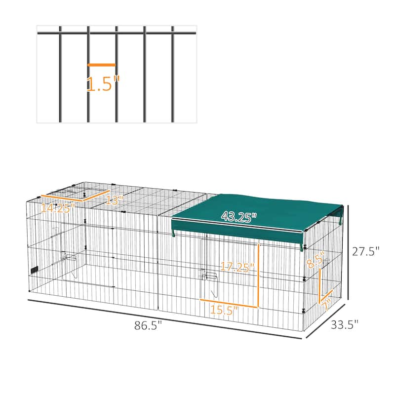 PawHut 87" L Metal Chicken Playpen, Small Animal Cage, Pet Playpen Yard Fence for Rabbits, Chinchillas with Roof