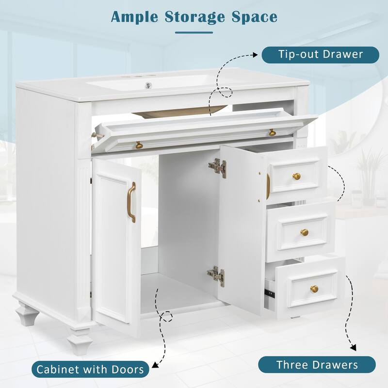 36" Bathroom Vanity with Sink, Storage Vanity Cabinet with Flip-Out Drawer, 3 Drawers, 2 Soft-Close Doors and Gold Handles