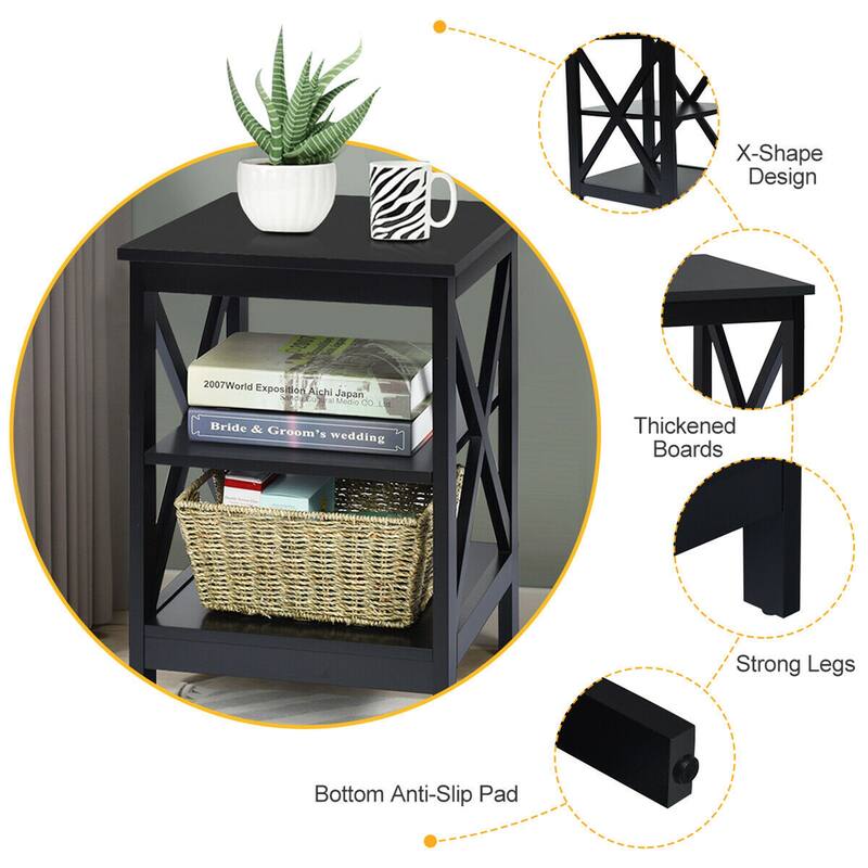 Gymax 2 PCS 3-Tier Nightstand End Table X Design Storage Display Shelf