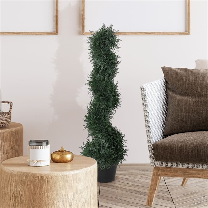 Artificial Spiral Cedar Topiary Tree 35.5 Inch Dark Green Faux Plant Indoor Outdoor Decorative with Cement Pot - Ф7" x 35.5" H