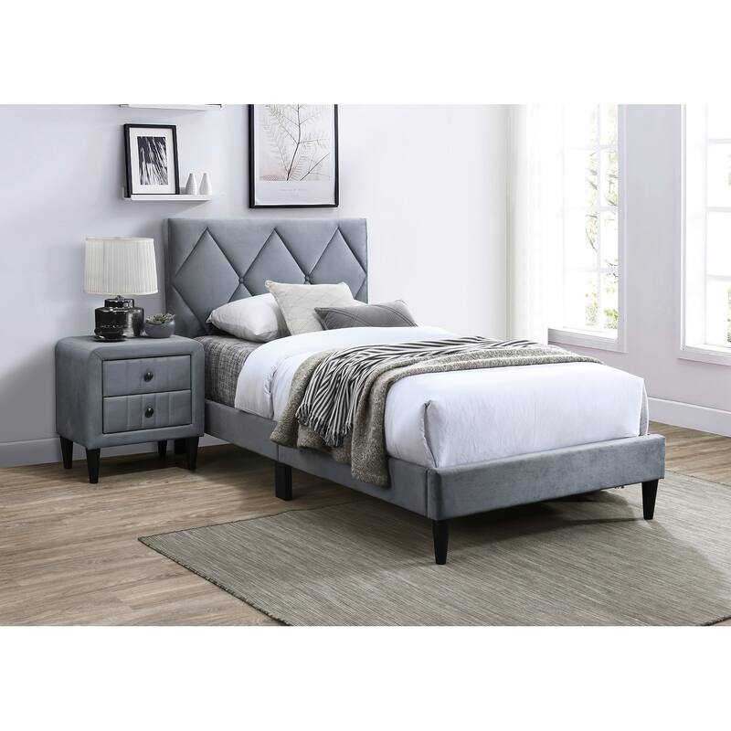 Modern Grey Velvet Nightstand with 2 Drawers and Tempered Legs