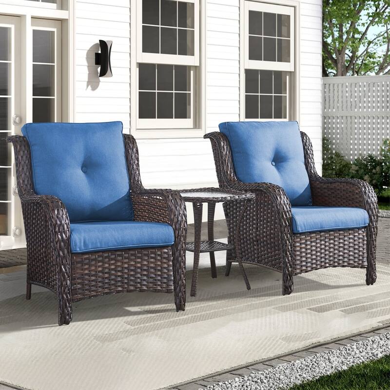 Outdoor Arm Chair with Cushion Rattan Chair - Brown Rattan - Blue Cushion - 3PCS - Patio Chair w/ Table