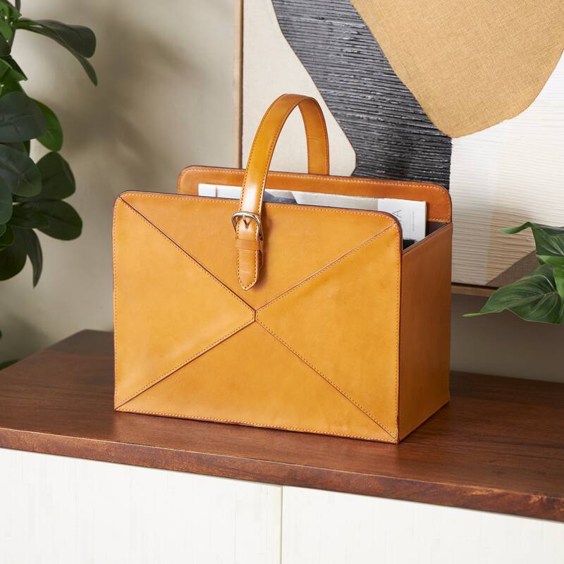 Brown or Black Leather Handmade Box Style Single Slot Decorative Magazine Holder with Detail Stitching and Curved Buckle Handles - Brown