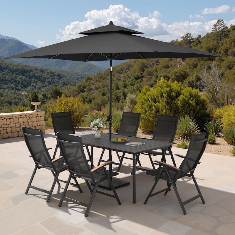9PC Outdoor Patio Dining Set Aluminum Table with Folding Armchairs w/ Market Umbrella Sets - GreyTable&BlackChairs&BlackUmbrella