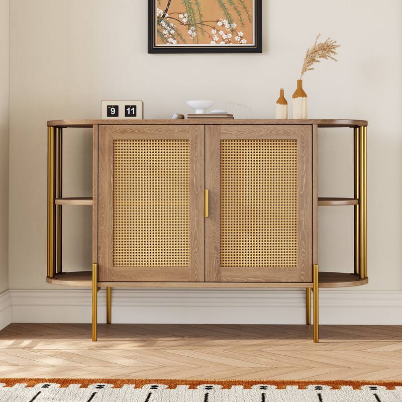 Curved Sideboard Rattan Buffet Storage Cabinet Side Cabinet, Natural - Natural