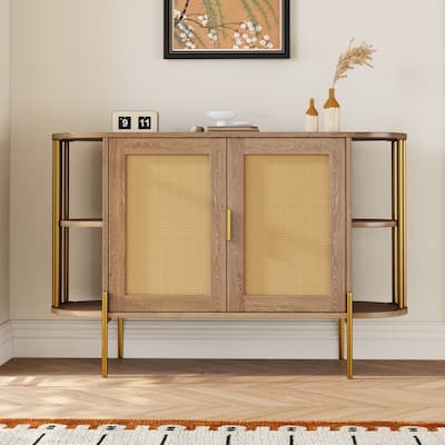 Curved Sideboard Rattan Buffet Storage Cabinet Side Cabinet, Natural